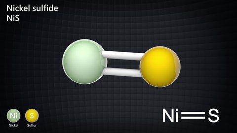Nickel sulfide is the inorganic compound NiS. In nature it is found as the mineral Millerite. 3D render. Seamless loop. Chemical structure model: Ball and Stick.