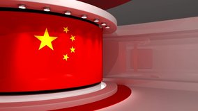 TV studio. Chinese flag background. News studio.  Loop animation. Background for any green screen or chroma key video production. 3d render. 3d 