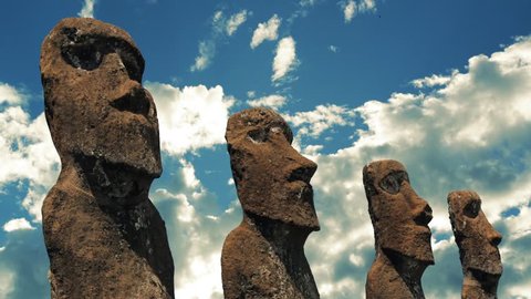 Easter Island huge aboriginal statues against the sky