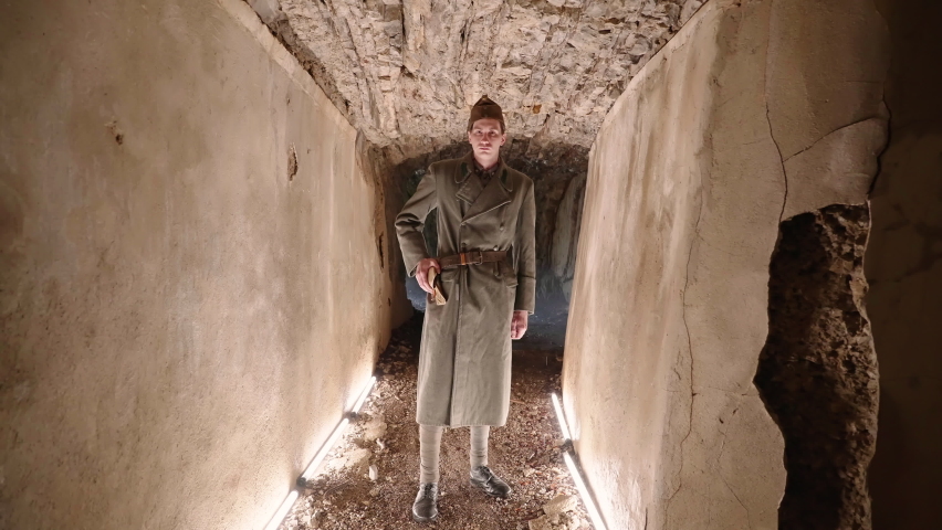 Austro-Hungarian army officer inside the underground tunnel portrait 4K. Filmed with the cooperation of Kulturno zgodovinsko Drustvo Triglav from Slovenia 