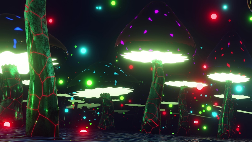 Fly through a fantastic forest of dancing neon mushrooms. VJ Loop animation Royalty-Free Stock Footage #1072299614