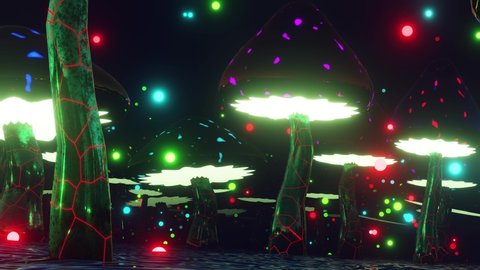 Fly through a fantastic forest of dancing neon mushrooms. VJ Loop animation