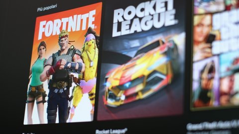Bologna, Italy, 07 May 2021 - ILLUSTRATIVE EDITORIAL list of the most popular games on Epic Games Store. The games are Fortnite, Rocket League and Grand Theft Auto 5