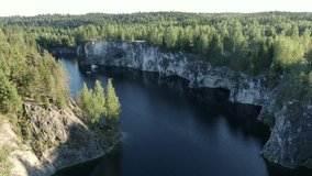 Aerial video: a marble quarry in Karelia from a flight height, in the frame of a beautiful nature