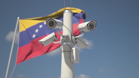 Security cameras near flag of Venezuela, looping 3d animation