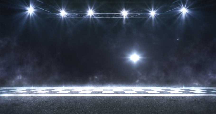 Race circuit and finish line on asphalt ground with blue shining spotlights above the moving mist. Racing sport sport 4k loop animation. Royalty-Free Stock Footage #1072308893