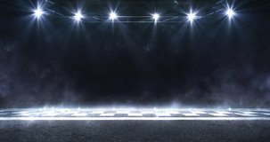 Race circuit and finish line on asphalt ground with blue shining spotlights above the moving mist. Racing sport sport 4k loop animation.