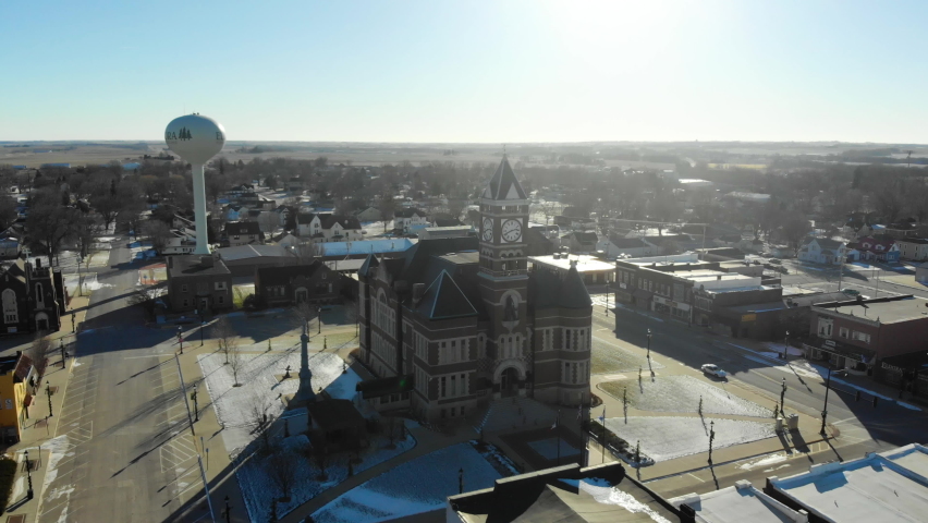 Aerial Video Flying around the Eldora Iowa courthouse in Hardin County in December