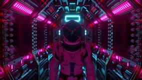 Astronaut walking in spaceship tunnel, sci-fi shuttle corridor. Futuristic abstract technology. Technology and future concept. Flashing light. 3D animation - Powered by Shutterstock - Get 15% off with code: PIKWIZARD15