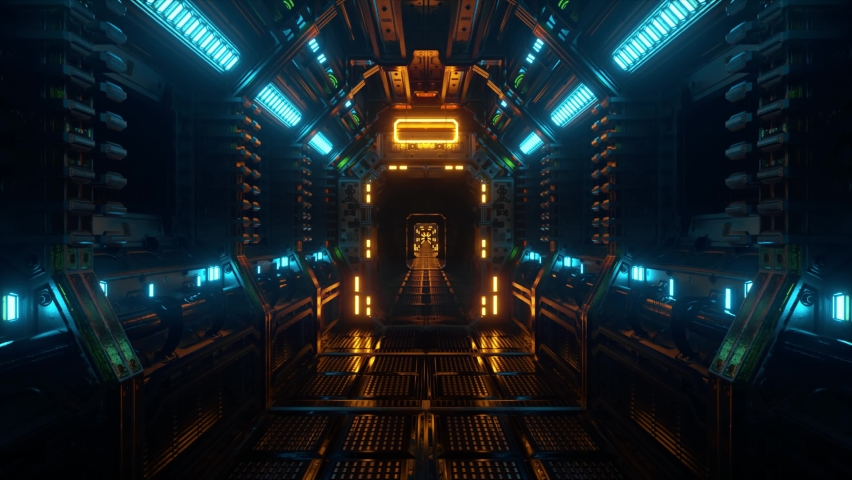 Flying in a spaceship tunnel, a sci-fi shuttle corridor. Futuristic abstract technology. Technology and future concept. Flashing light. 3d Animation of seamless loop. Royalty-Free Stock Footage #1072314788