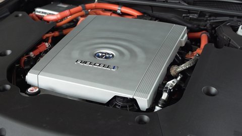 Budapest, Hungary - May 12, 2021: Toyota Mirai Fuel Cell Electric Vehicle engine. 