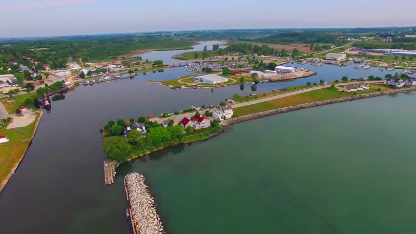 Aerial View, Kewaunee Wisconsin Harbor, Scenic Waterfront, Peninsula.

