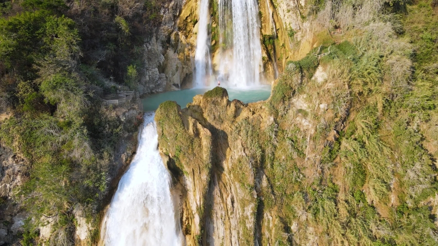 El Chiflon Waterfall in Chiapas, Mexico, 4K aerial pull-away reveal