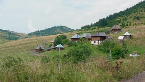 Ticje Polje old cottage village in Prijepolje, Serbian mountains, aerial view