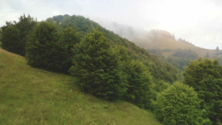 Heavy fog over mountain forest aerial. Green grass and bush at hill. Nobody nature landscape. Clouds of mist. Natural beauty. Mountainous terrain, nothing to see. Mystical place at Swiss Alps, Europe