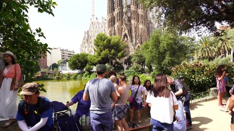 Barcelona. Spain, 7th July, 2019:
 the Sagrada Família, is a large unfinished Roman Catholic Basilica in  Barcelona, Catalonia, Spain. Designed by  Antoni Gaudí.