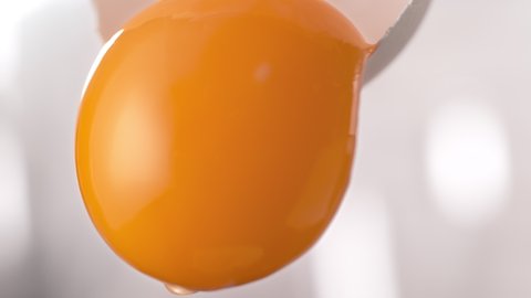 Whole Egg Yolk Separated from Egg White Slipping out of Halved Shell with Sharp Edges in Macro and Slow Motion 