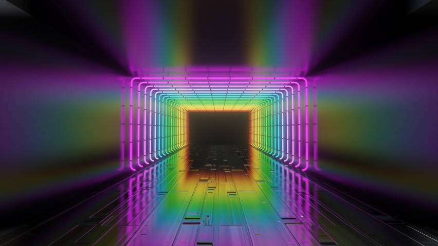 A wall of many neon lights. Multi-colored neon light switching. Camera movement along the neon sci-fi tunnel with blur. 3D 4K loop animation Royalty-Free Stock Footage #1072337225