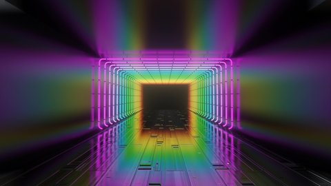 A wall of many neon lights. Multi-colored neon light switching. Camera movement along the neon sci-fi tunnel with blur. 3D 4K loop animation