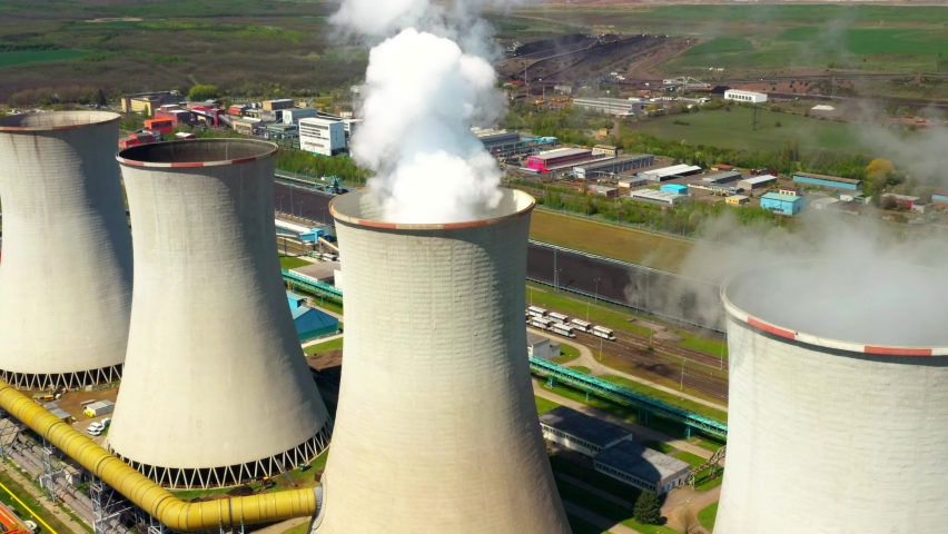 Coal power plant Tusimice in Northern Bohemia, Czech Republic. Aerial view to big source of emissions in European Union. Royalty-Free Stock Footage #1072342643