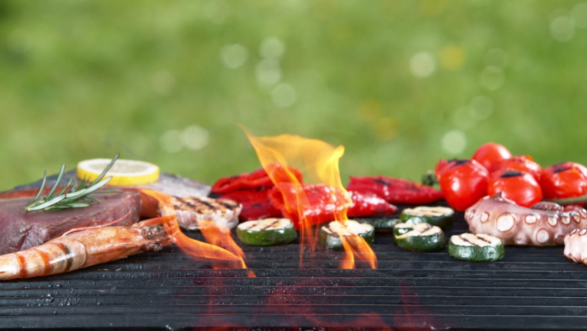 Super slow motion of falling raw mackerel on grill grid. Filmed on high speed camera, 