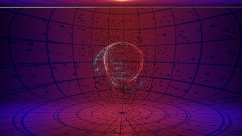 frame of a sphere with flying particles is spinning on a dark background. looped background. 3d render