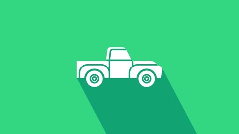 White Pickup truck icon isolated on green background. 4K Video motion graphic animation.