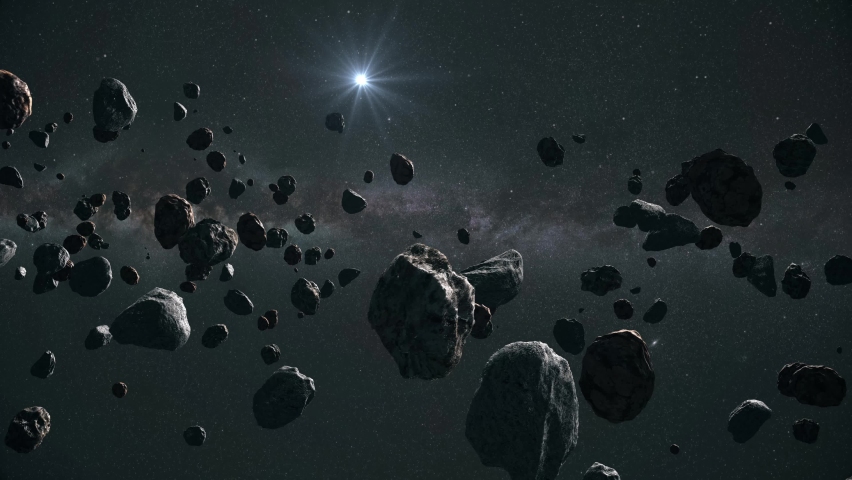 Rotating Asteroids orbiting the sun - (Kuiper belt) Royalty-Free Stock Footage #1072358411