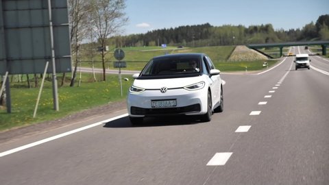 MINSK, BELARUS - MAY 12, 2021: Volkswagen ID.3 Pro S drives on a highway during a sunny spring day. ID.3 is one of the best selling electric vehicles in the world.