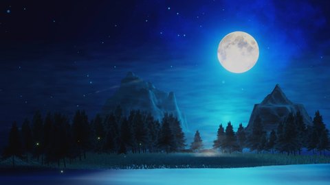 Wide grasslands with pine trees and mountains alternate in background. Full moon night bright stars are filling the sky. Night mountain scenery with fireflies flying above the ground. 3D Rendering