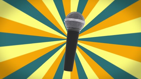 Karaoke microphone on the retro vintage background. Animation footage for night bars and karaoke clubs. 80s 90s old strip design backdrop for nightclub and disco bar application, 3d computer animation