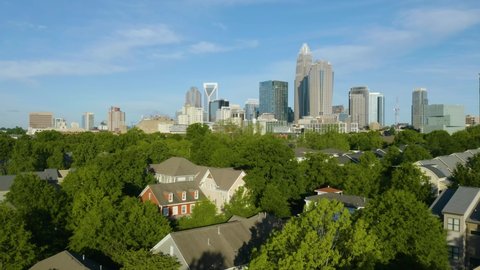 Beautiful View of Charlotte, NC Skyline. Aerial Pedestal Up