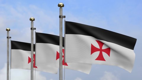 3D The knights templars flag waving on wind with blue sky. Poor fellow soldiers of christ and temple of solomon banner blowing, soft and smooth silk.-Dan