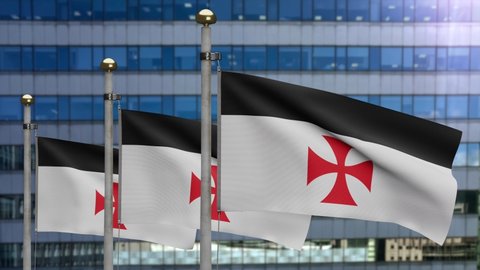 3D The knights templars flag waving on wind at modern city. Poor fellow soldiers of christ and temple of solomon banner blowing, soft and smooth silk.-Dan
