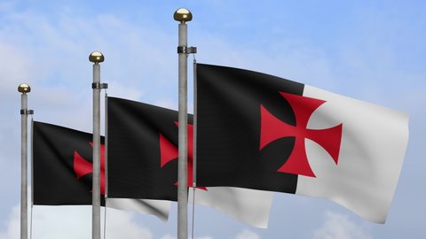 3D The knights templars flag waving on wind with blue sky. Poor fellow soldiers of christ and temple of solomon banner blowing, soft and smooth silk.-Dan