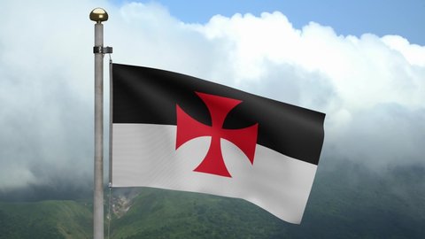 3D The knights templars flag waving on wind at mountain. Poor fellow soldiers of christ and temple of solomon banner blowing, soft and smooth silk. Cloth fabric texture ensign background-Dan