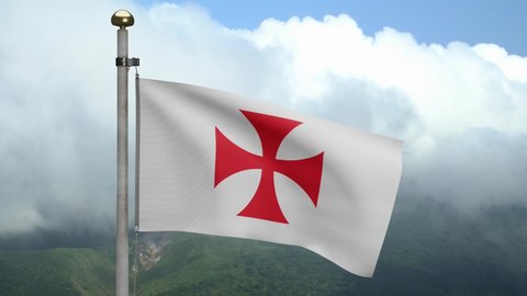 3D The knights templars flag waving on wind at mountain. Poor fellow soldiers of christ and temple of solomon banner blowing, soft and smooth silk. Cloth fabric texture ensign background-Dan