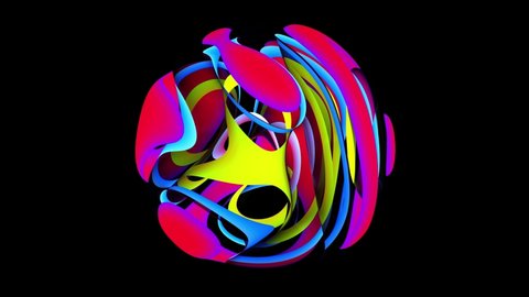 3d render of abstract art video loop animation of surreal 3d ball or sphere in curve wavy round and spherical lines forms in glowing pink blue and yellow gradient neon color on black background