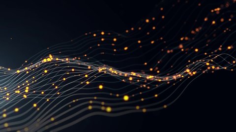 Abstract yellow dots and curved lines with noise flow animation on dark background. 3d render simple wave shape animation with depth of field camera effect.