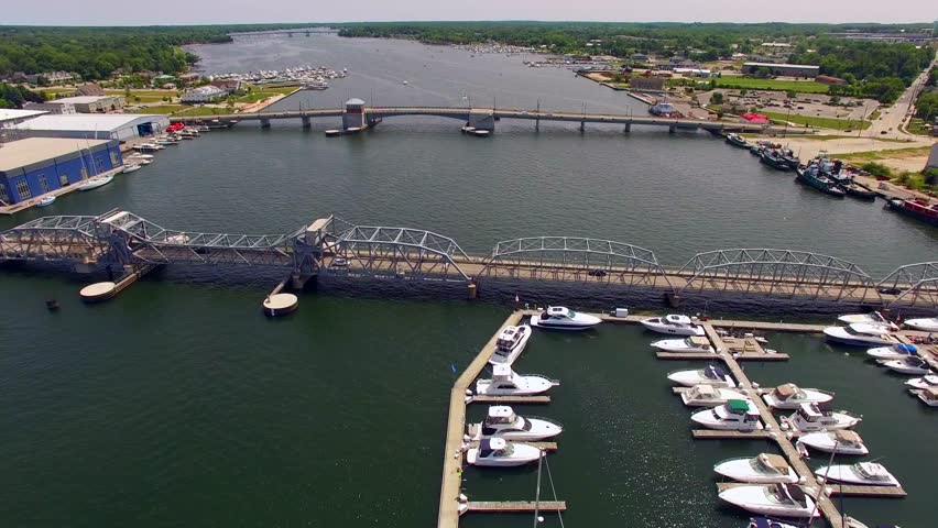 Scenic Aerial View of Sturgeon Bay Wisconsin, Waterfront, Bridges, Canal.
