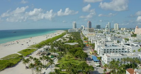 Aerial drone footage over Art Deco district and Ocean Drive in Miami Beach