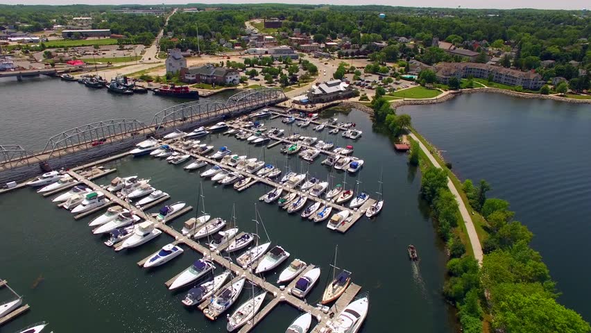 Scenic Aerial View of Sturgeon Bay Wisconsin, Waterfront, Bridges, Boats
