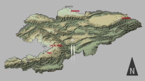 Seamless looping animation of the 3d terrain map of Kyrgyzstan with the capital and the biggest cites in 4K resolution