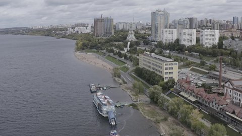 D-Log. Samara, Russia - September 20, 2020: Stella Rook. Located on the banks of the Volga River, Aerial View, Point of interest