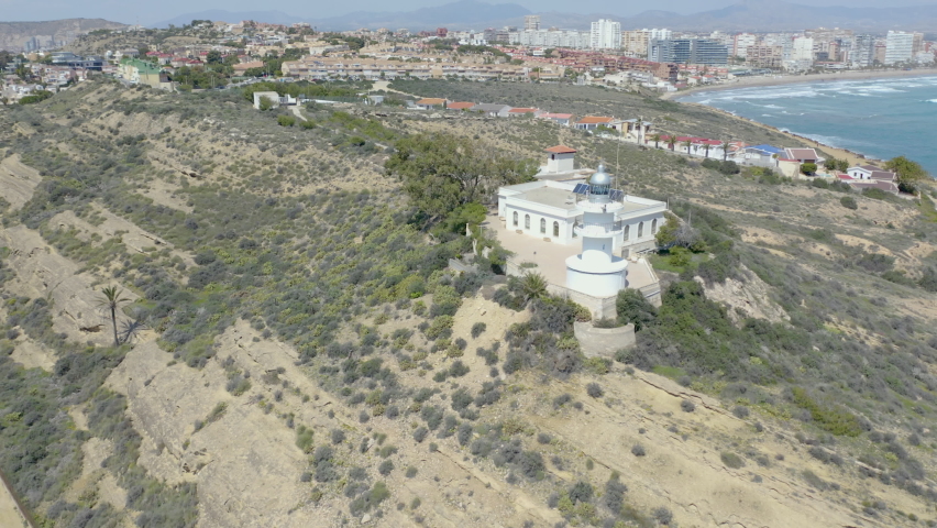 Aerial view of the lighthouse of Cabo Huertas in the Mediterranean coastline of Alicante, Spain.