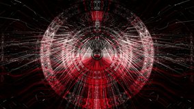 Bright Red Glowing dimensonal orb effect on motion background. Colorful abstract visual motion background with radial symmetry. Beautiful fast changing chaos of seamless looped geometric and color.