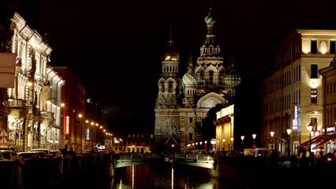 ST. PETERSBURG, RUSSIA - AUGUST 23, 2017: Griboedov channel and famous Savior on Blood church in the night