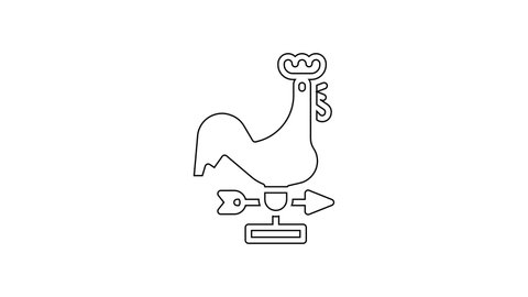 Black line Rooster weather vane icon isolated on white background. Weathercock sign. Windvane rooster. 4K Video motion graphic animation.