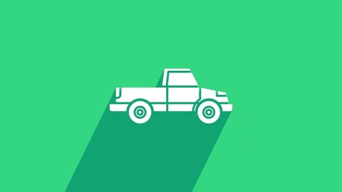 White Pickup truck icon isolated on green background. 4K Video motion graphic animation.