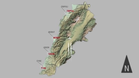Seamless looping animation of the 3d terrain map of Lebanon with the capital and the biggest cites in 4K resolution